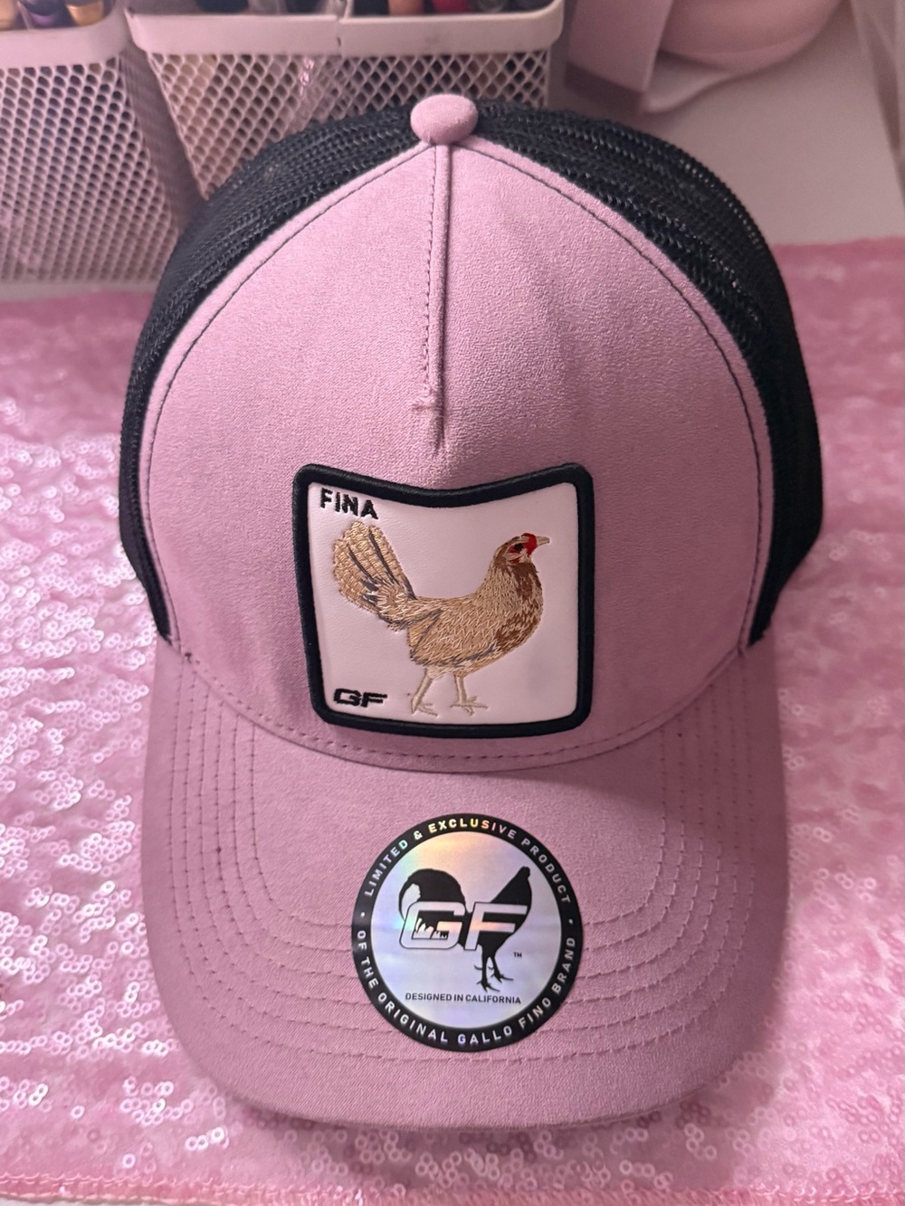 Embroidered Rooster Patch Trucker Hat - Pink